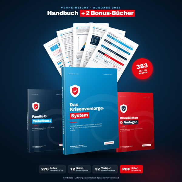 Das Krisenvorsorge-System: Handbuch 2026 und zwei Bonus-E-Books (Symbolbild, digitale PDFs)